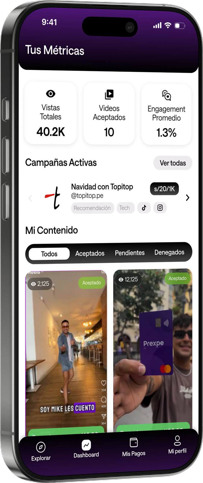 App de Inklop para creadores: métricas con 40.2K vistas totales, campañas activas y contenido aceptado