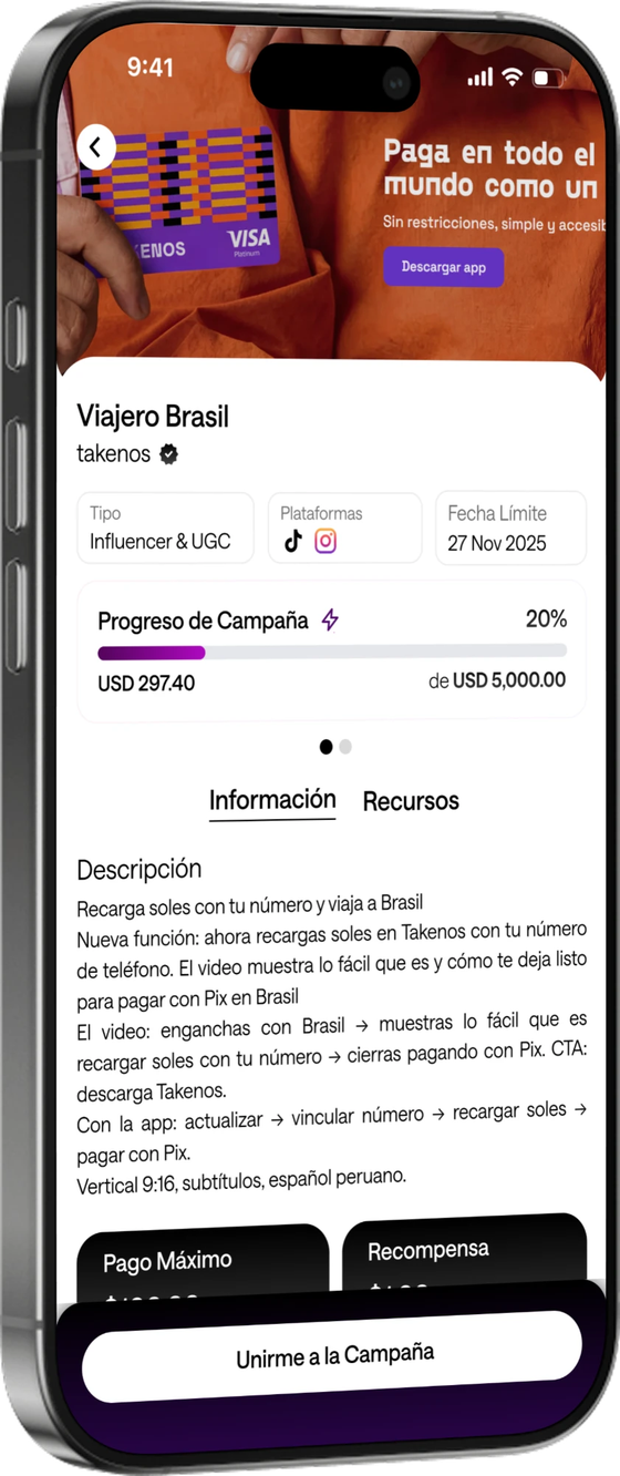 Detalle de campaña en la app de Inklop: progreso, pago máximo y recompensa por vistas