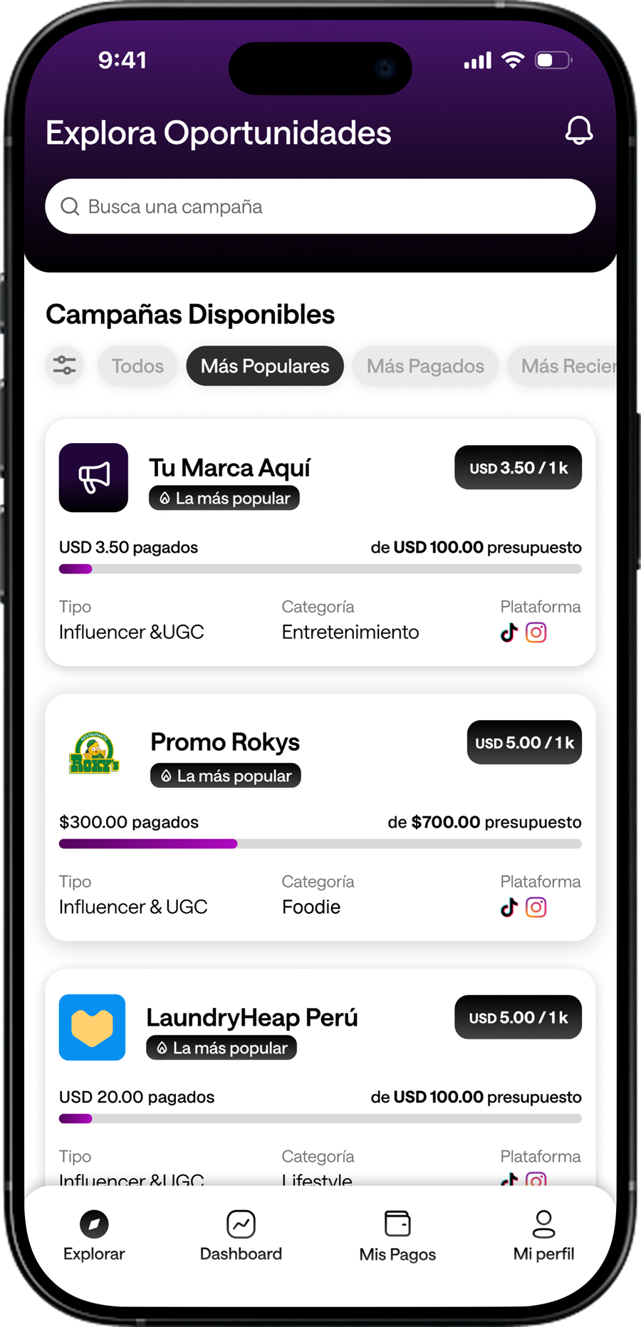 Explorar campañas disponibles en la app Inklop con CPM y presupuesto visibles
