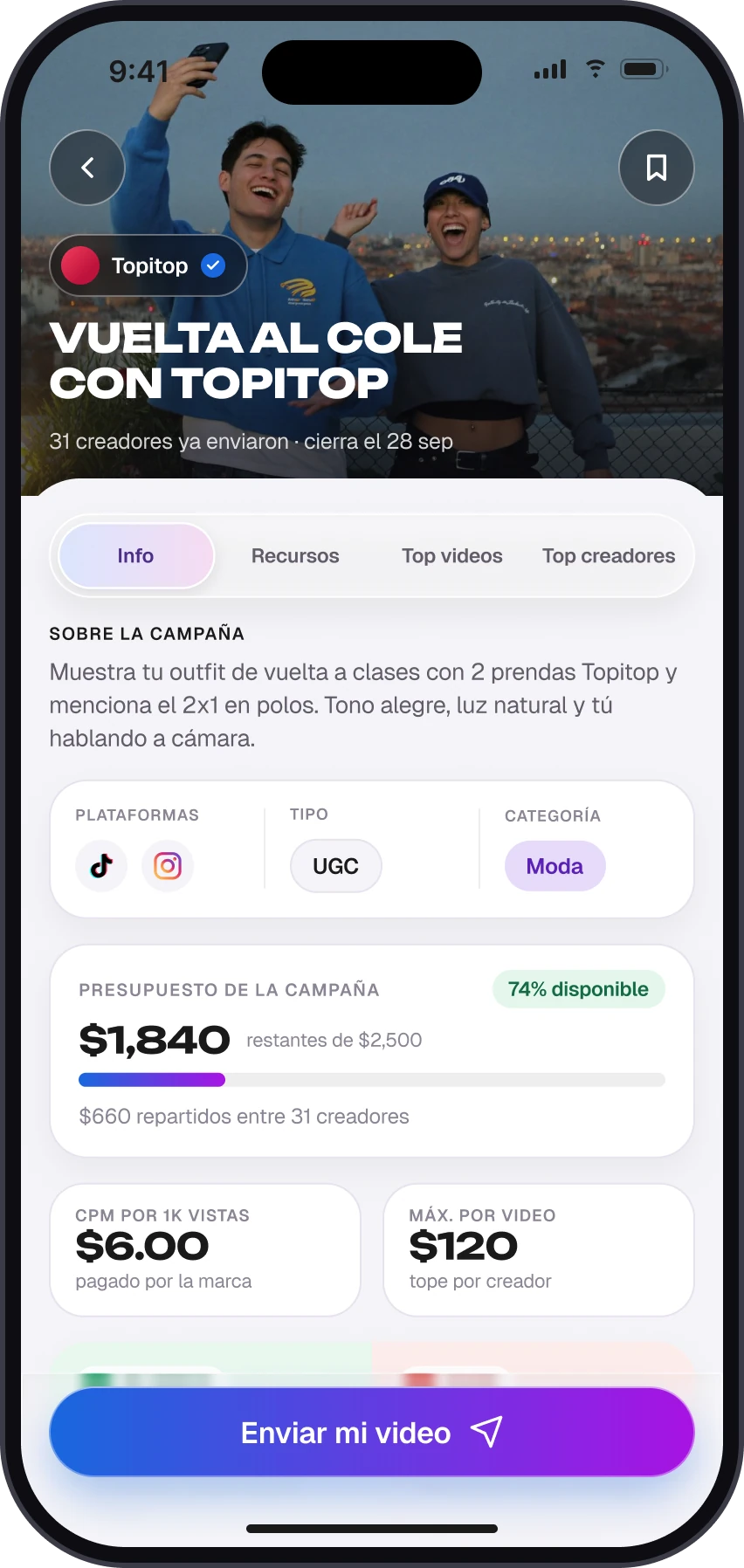 Detalle de una campaña con su brief y su presupuesto
