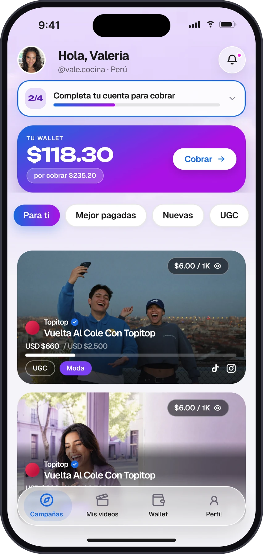 Pantalla de la app de Inklop explorando campañas disponibles