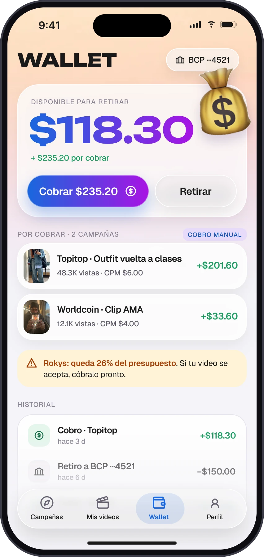 Pantalla de pagos de la app de Inklop con cobros del creador
