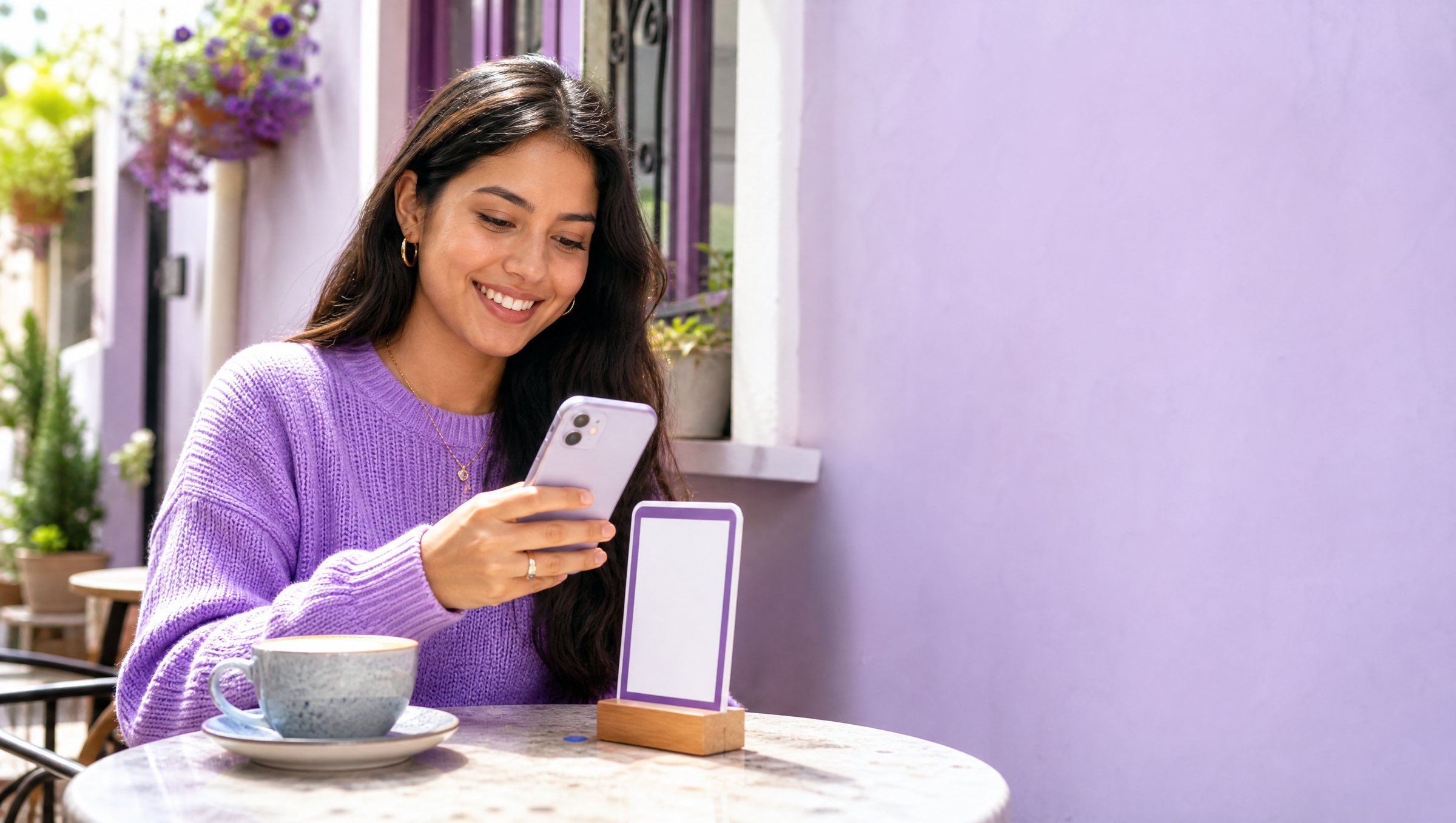 Clienta escaneando con su celular el QR de la mesa de un café