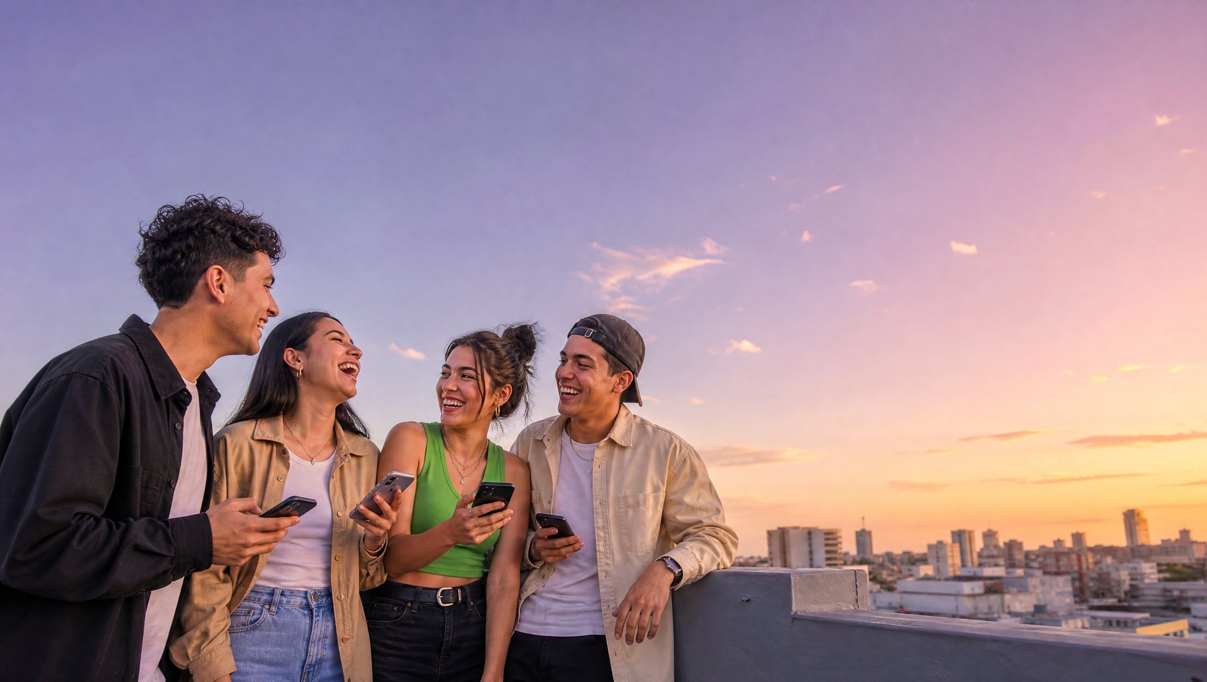 Cuatro creadores riendo en una azotea al atardecer, cada uno con su celular