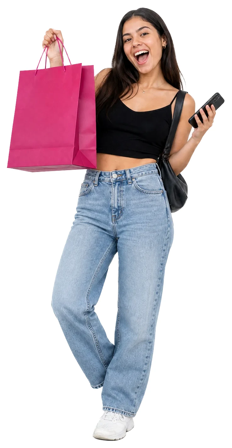 Clienta con la bolsa del producto que acaba de comprar