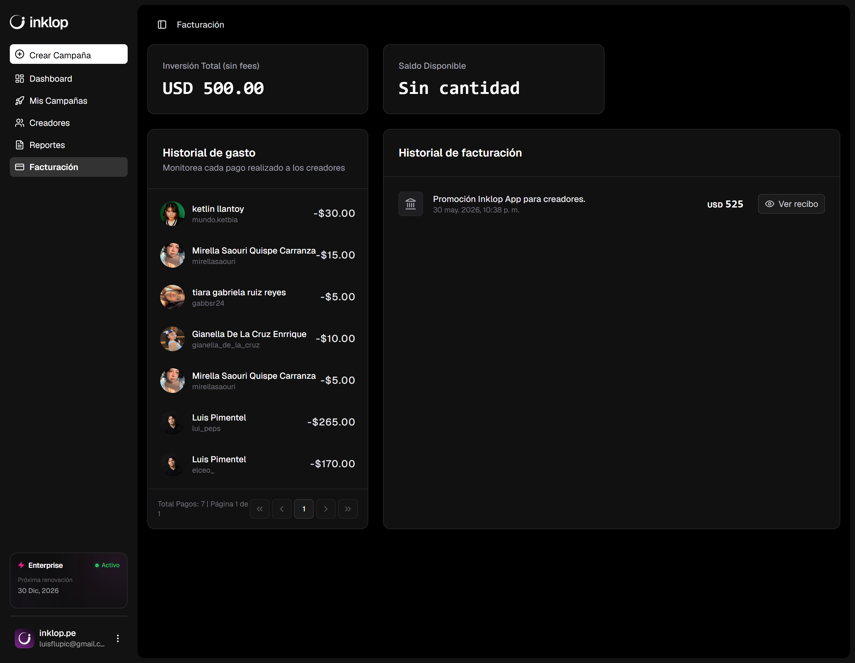 Facturación en Inklop: inversión total, saldo disponible e historial de pagos a creadores
